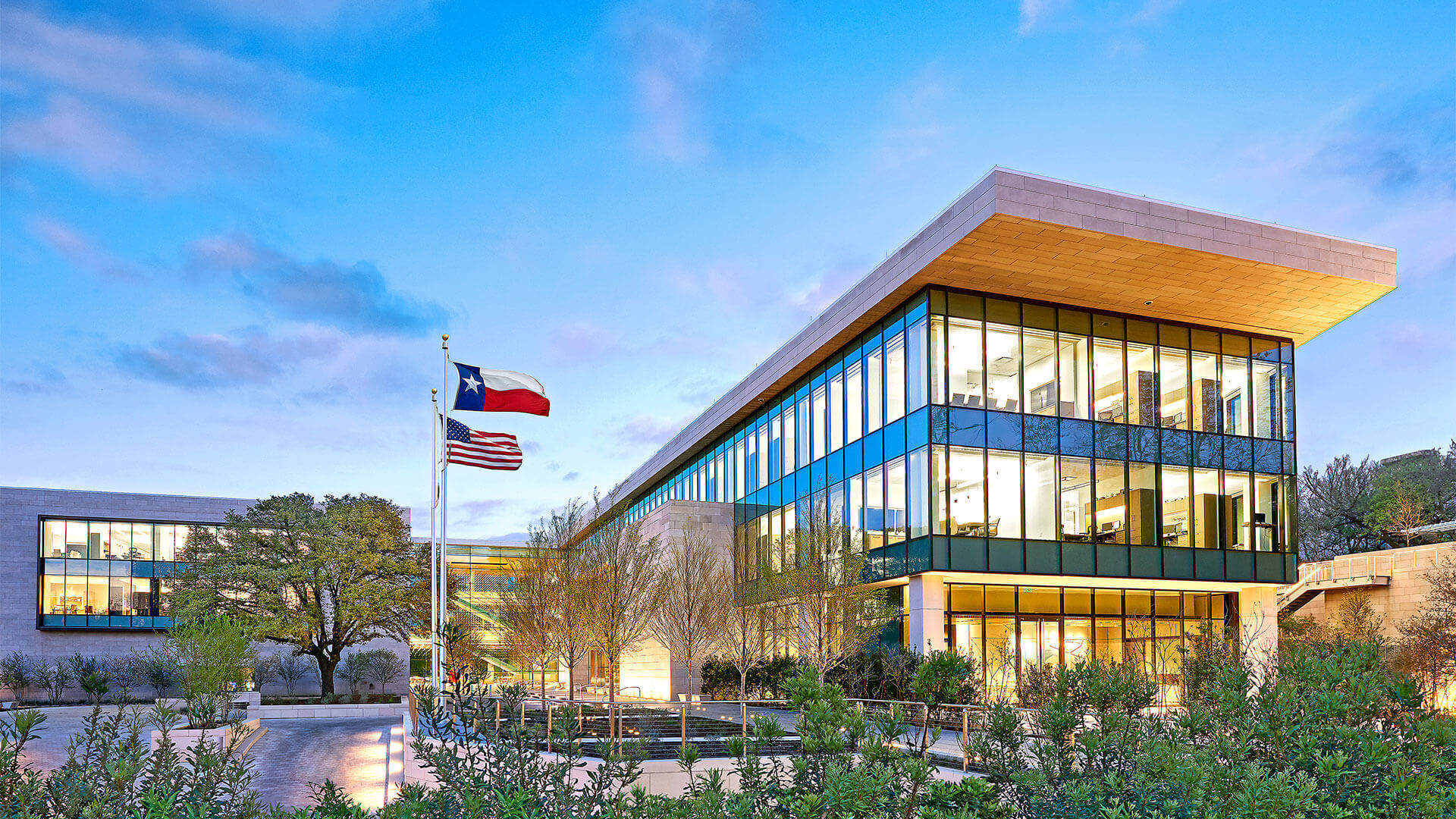 Angled sunset view of the Hillwood campus in Dallas, Texas.