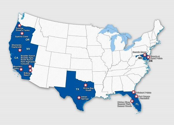 A map of the U.S. shows locations of distressed properties purchased by Hillwood Residential.