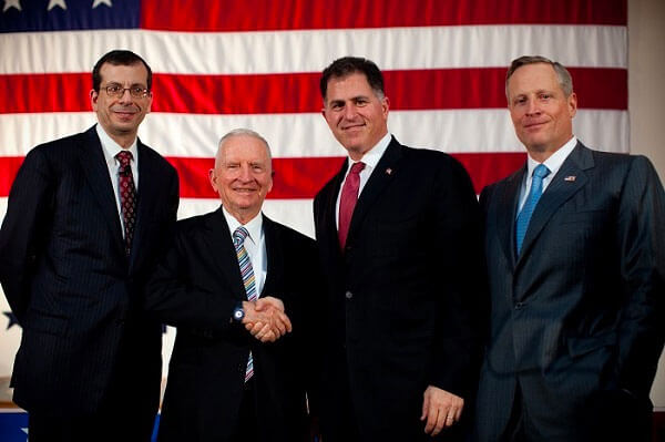 Executives Peter Altabef, Ross Perot Sr., Michael Dell and Ross Perot Jr. celebrate the sale of Perot Systems to Dell.
