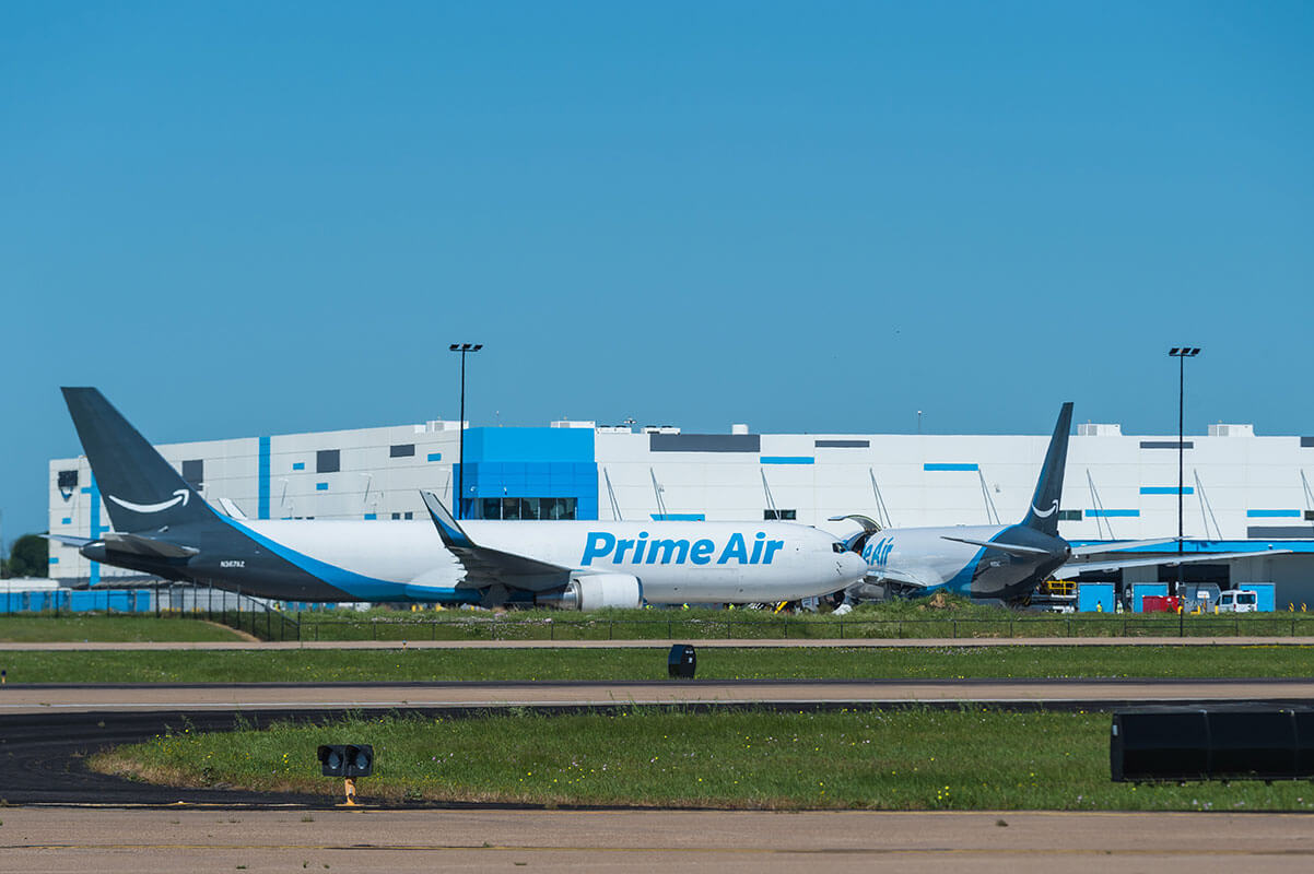 An Amazon PrimeAir jet is seen at Forth Worth Alliance Airport.