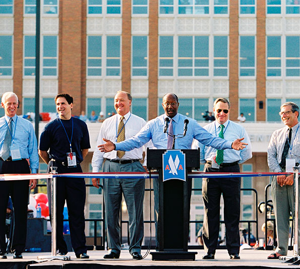 Mayor Ron Kirk, Dallas Mavericks owner Mark Cuban and Hillwood leaders gather at the American Airlines Center.